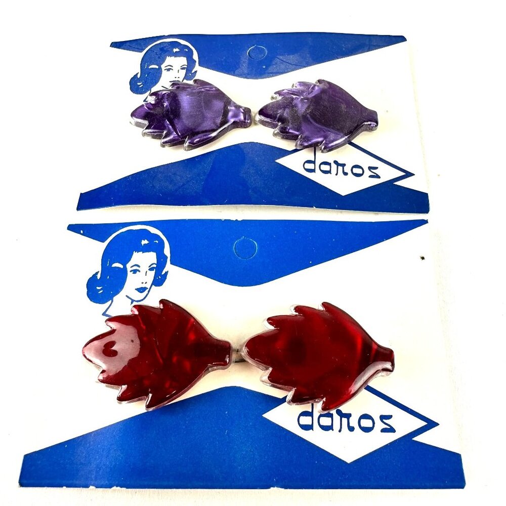 Vintage Daros Lucite Leaf Hair Clips Set In Purple & Red